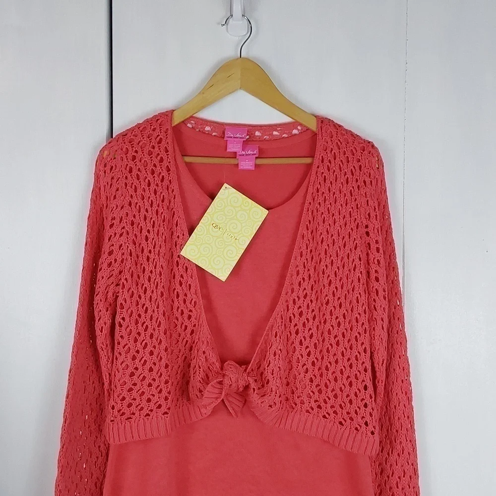 Du jour Womens Coral 2 piece Top set Crochet Cardigan W Tank shell Cute! Sz.M